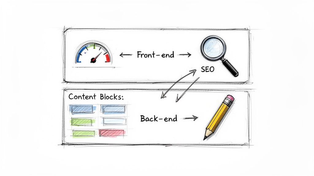 Website development diagram showing front-end performance, SEO, and back-end content blocks with a pencil.