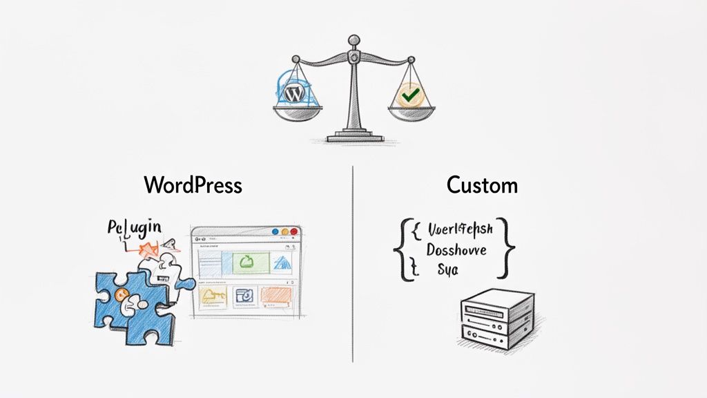 A visual comparison of WordPress website development with plugins versus custom coding and server infrastructure.