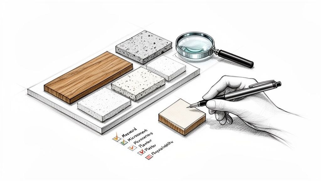 Illustration of material samples, magnifying glass, and hand marking a checklist of finishes.
