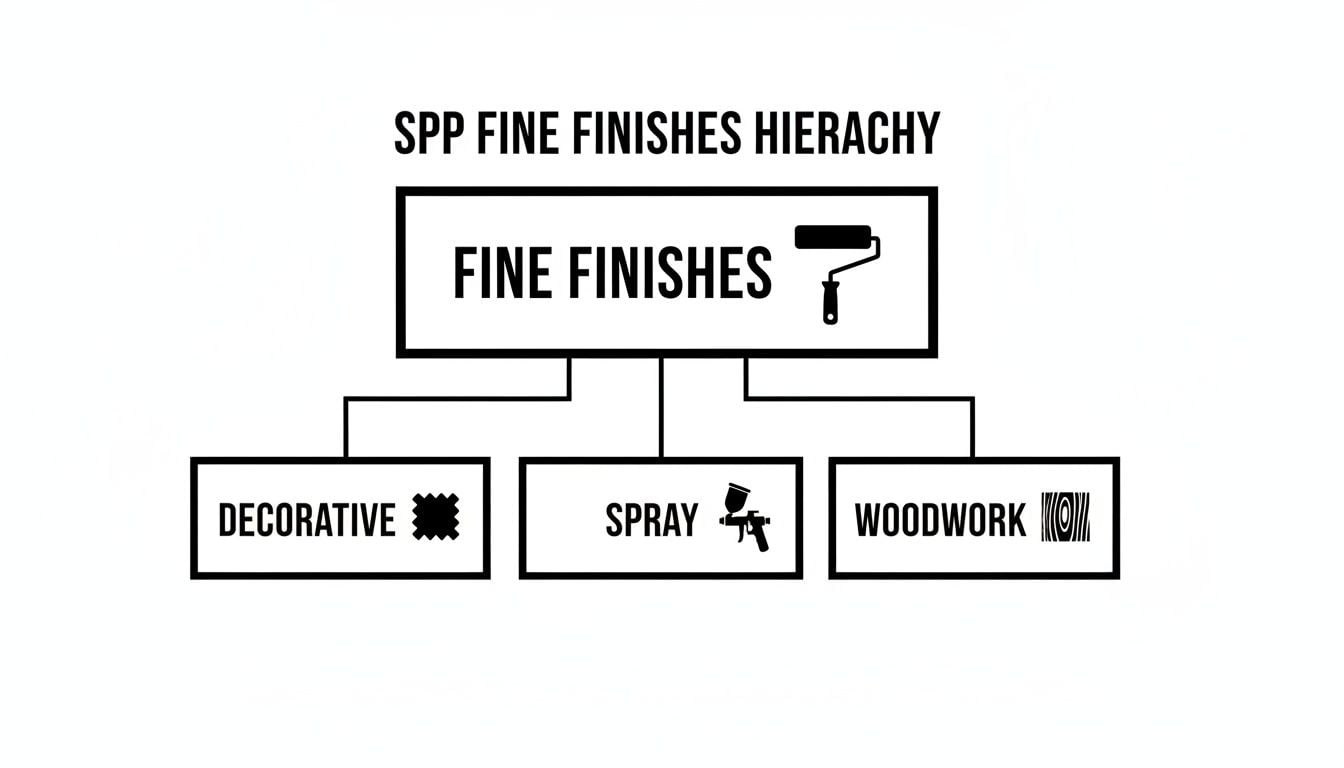 Hierarchy chart for SPP Fine Finishes, detailing Decorative, Spray, and Woodwork categories with icons.