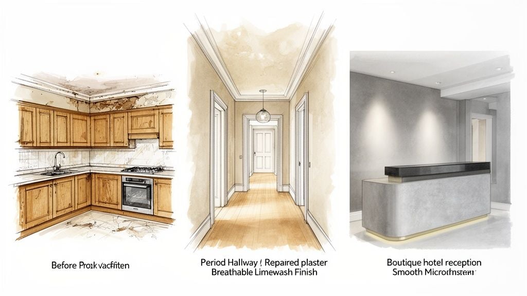 Illustrations of three interior spaces: a damaged kitchen, a renovated period hallway, and a modern hotel reception.