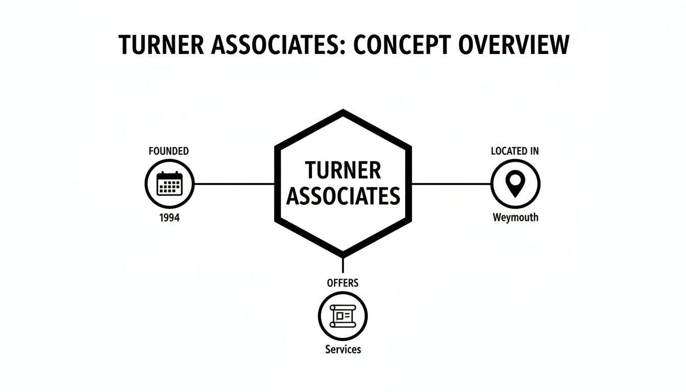 A concept overview diagram for Turner Associates, detailing its founding in 1994, location in Weymouth, and services.