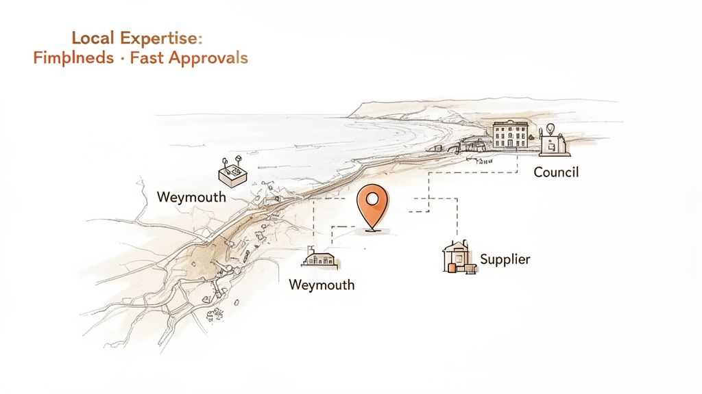 A map illustration showing local expertise connections in Weymouth with fast approvals.