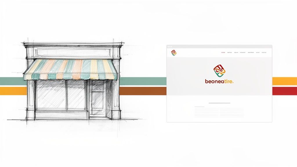 A concept image featuring a hand-drawn storefront sketch next to a modern website design with the 'beoneatire.' logo.