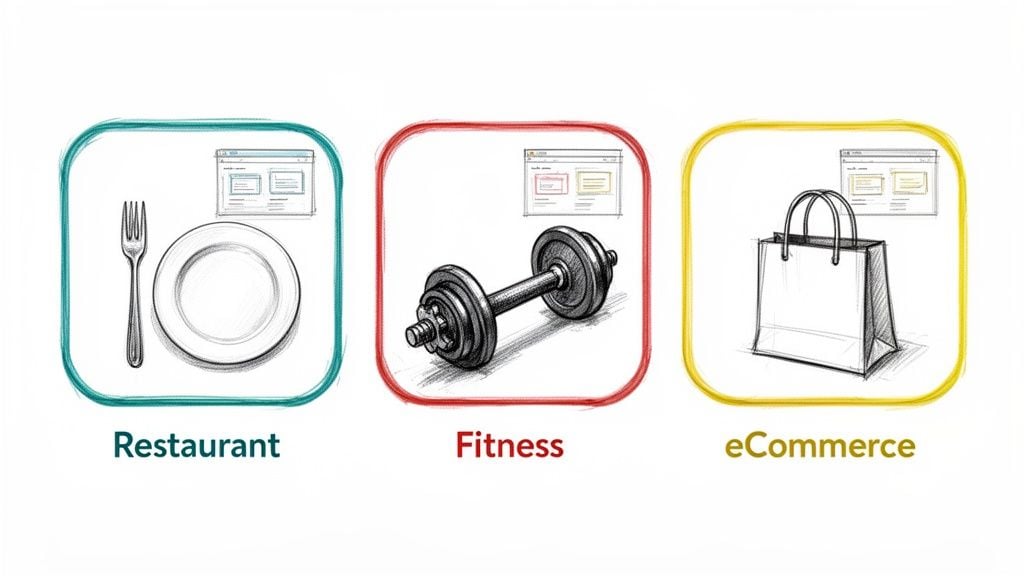 Sketches of website layouts for restaurant, fitness, and e-commerce businesses, showing icons and wireframes.