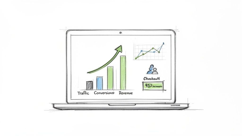 A laptop screen displays business analytics charts for traffic, conversions, revenue, and a 45% checkout increase.