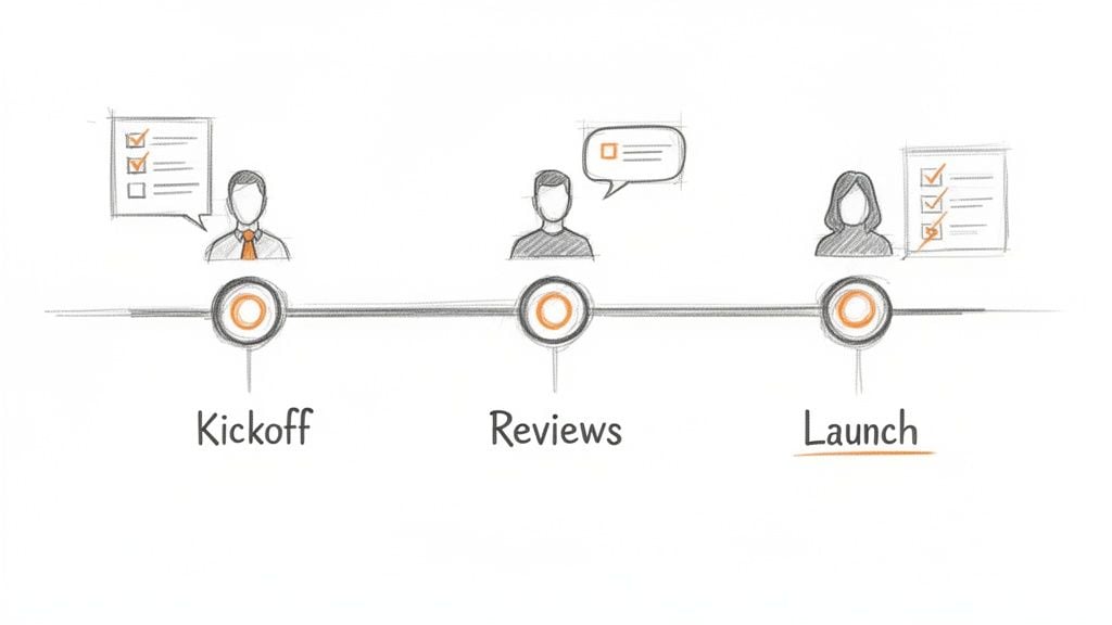 Hand-drawn illustration of a project timeline with stages: Kickoff, Reviews, and Launch, showing tasks and people.