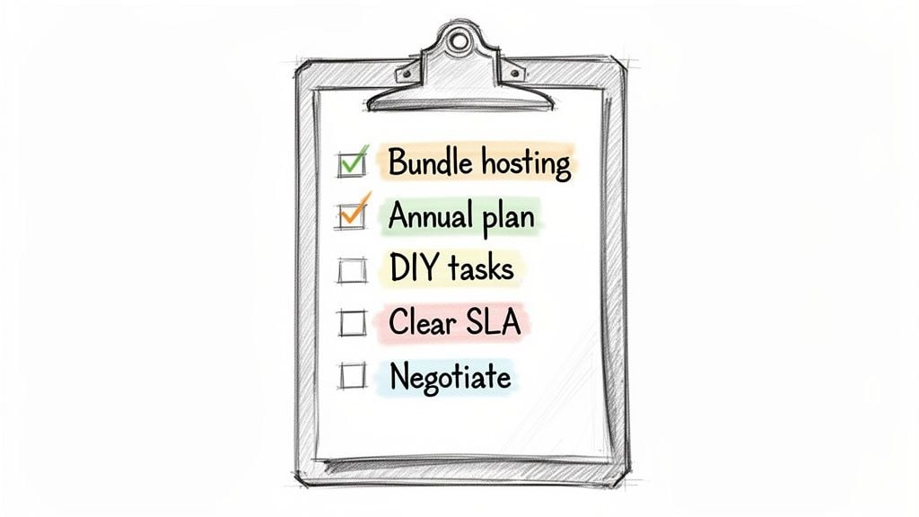 A hand-drawn checklist on a clipboard with items like hosting, annual plan, and DIY tasks.