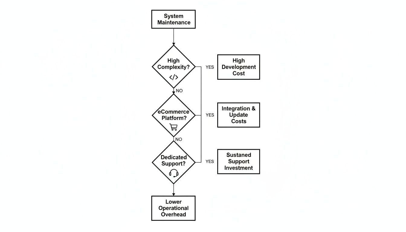 Flowchart illustrating factors impacting system maintenance costs, leading to either high development, integration, support, or lower operational overhead.