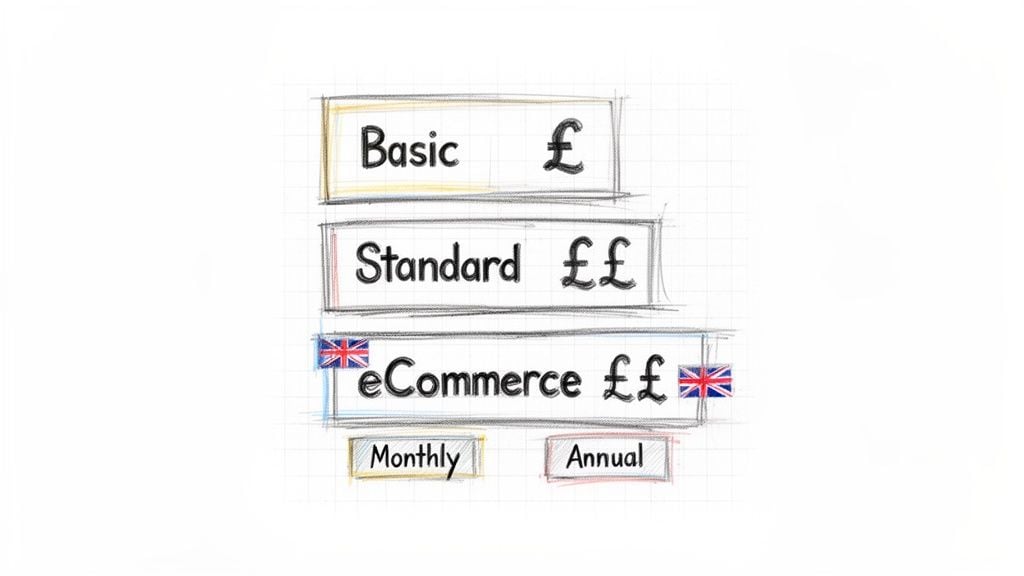Hand-drawn sketch of UK website maintenance pricing plans: Basic, Standard, and eCommerce with monthly/annual options.