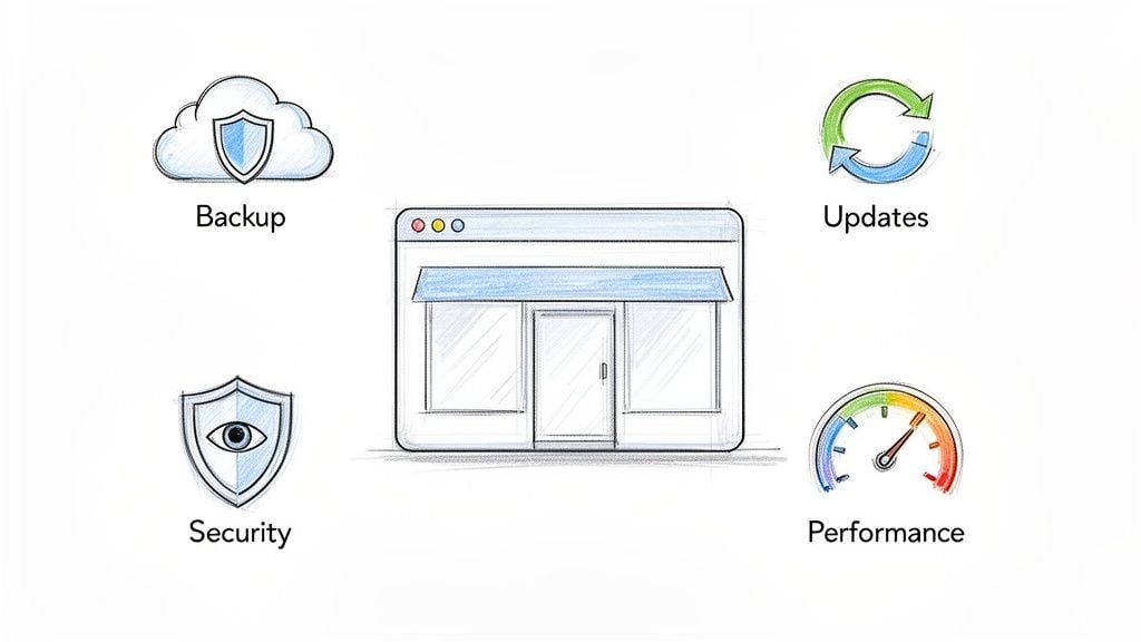 Illustration of a web browser storefront with icons for backup, updates, security, and performance services.