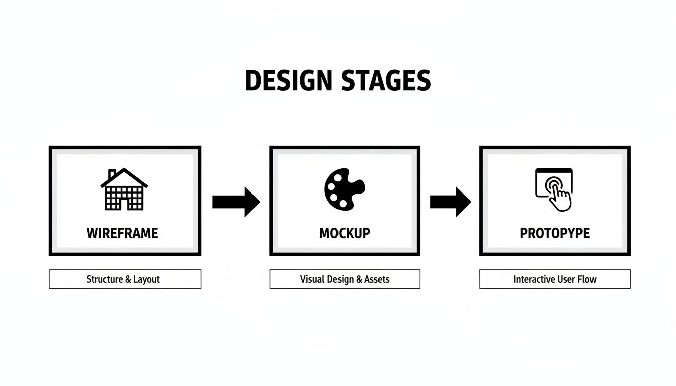 Flowchart illustrating design stages: wireframe for layout, mockup for visual assets, and prototype for interactive user flow.