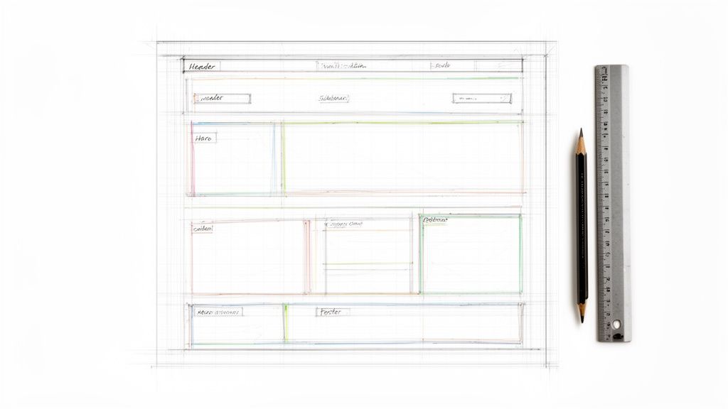 A hand-drawn web design wireframe sketch on grid paper, illustrating a website layout with labeled sections, next to a ruler and pencil.