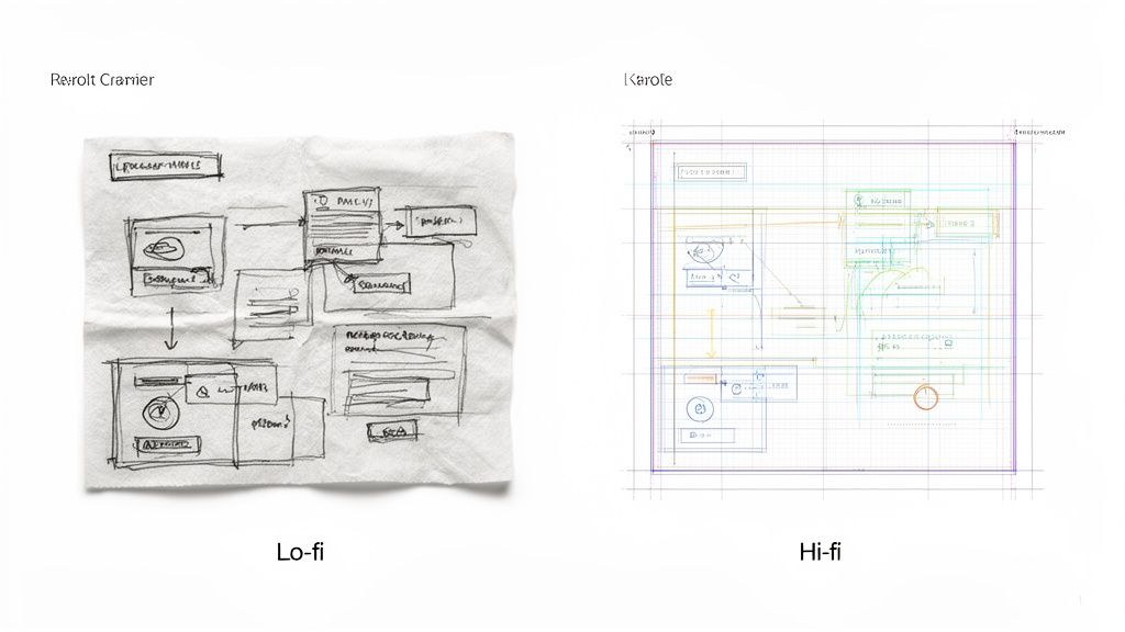 Visual comparison of a rough lo-fi sketch and a detailed hi-fi wireframe demonstrating design fidelity.