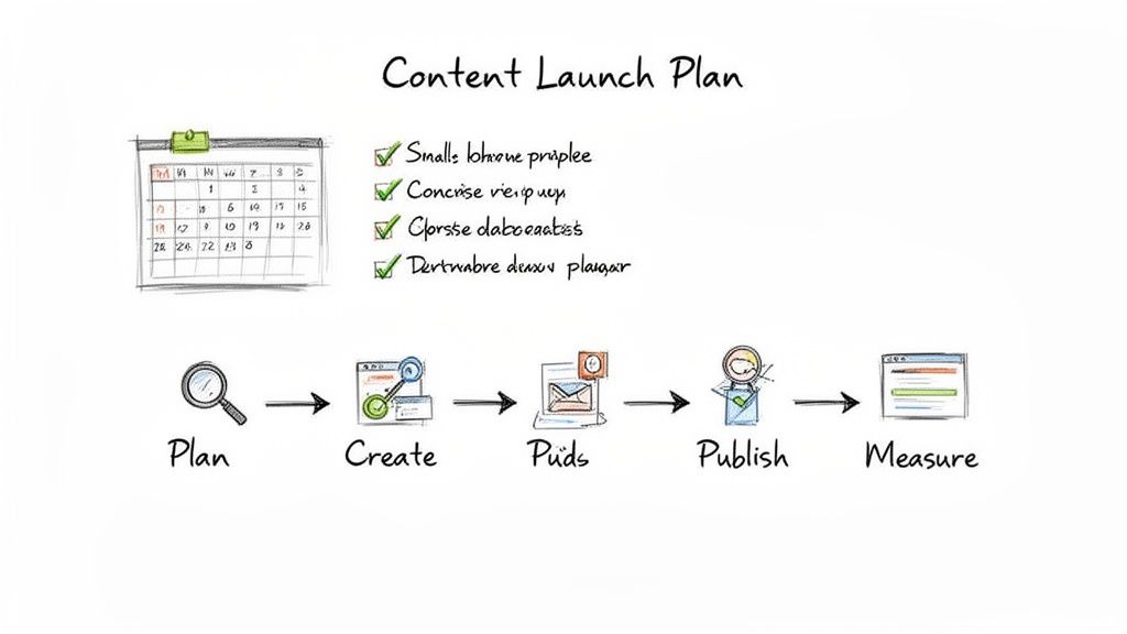Visualizing a content launch plan: calendar, checklist, and five steps - Plan, Create, Puds, Publish, Measure.