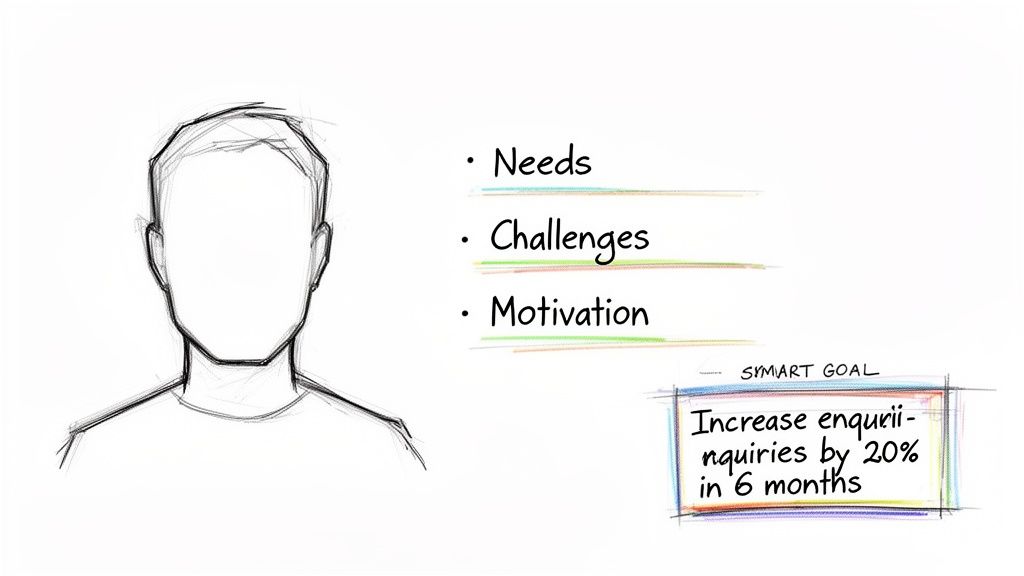 A sketch of a blank persona with 'Needs', 'Challenges', 'Motivation' and a 'SYMART GOAL' to increase inquiries.