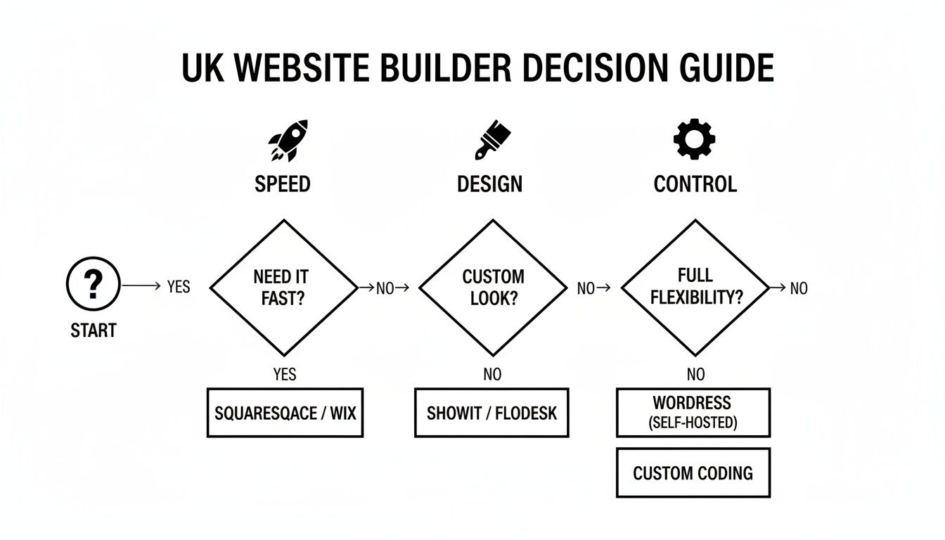 Flowchart: UK website builder decision guide based on speed, design, and control criteria.