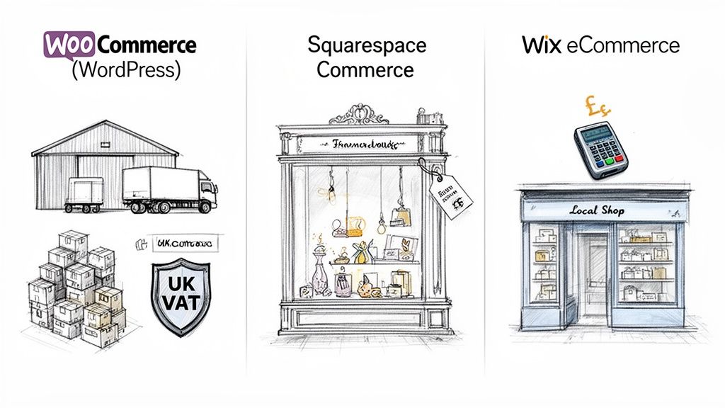 Illustrations comparing WooCommerce (warehouse, VAT), Squarespace (boutique display), and Wix (local shop, payments) e-commerce platforms.