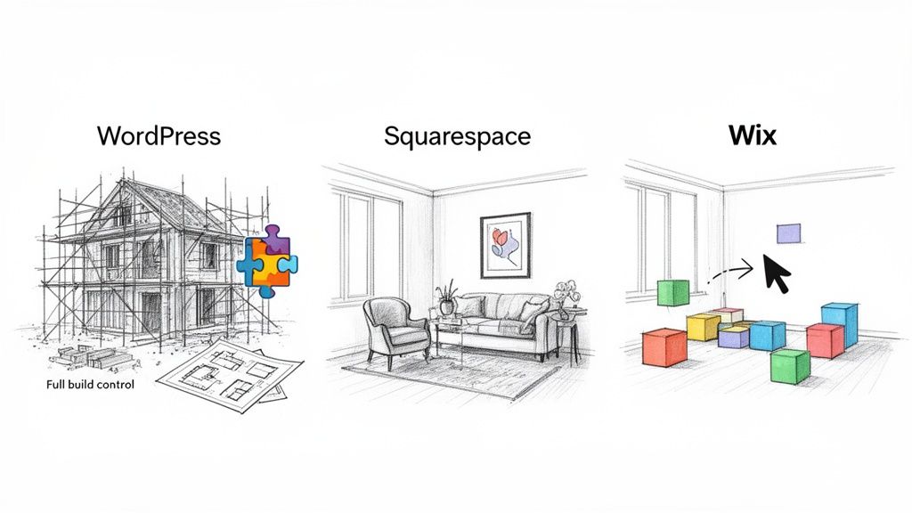 Illustration comparing WordPress as a house under construction, Squarespace as a furnished room, and Wix as drag-and-drop blocks.