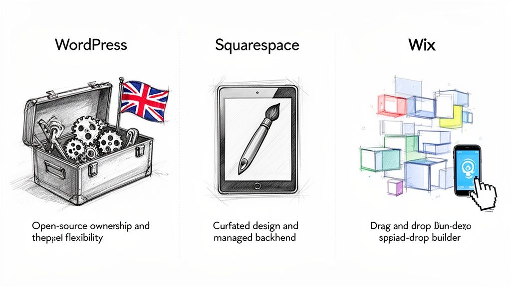 A visual comparison of WordPress, Squarespace, and Wix, highlighting their distinct features for website building.