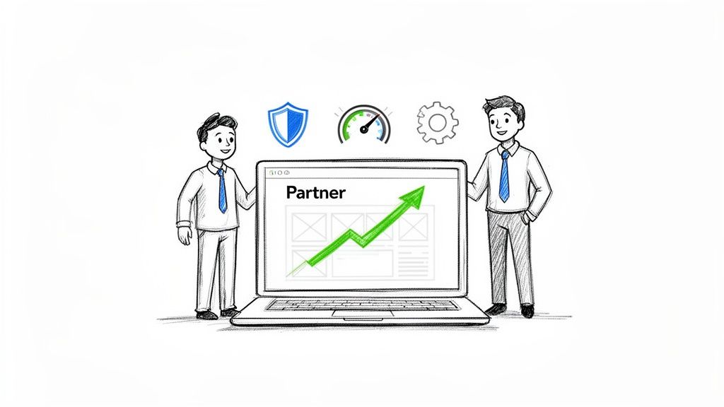Two cartoon men stand with a laptop displaying business growth and partnership indicators.