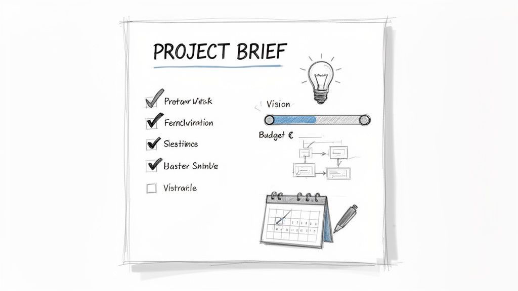 A hand-drawn project brief document with a checklist, vision, budget, flowchart, and calendar.