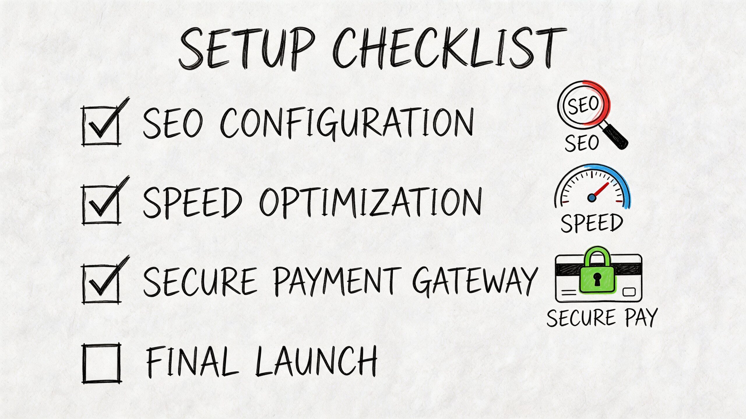 A setup checklist for e-commerce website development including SEO, speed optimization, and secure payment gateway configuration.