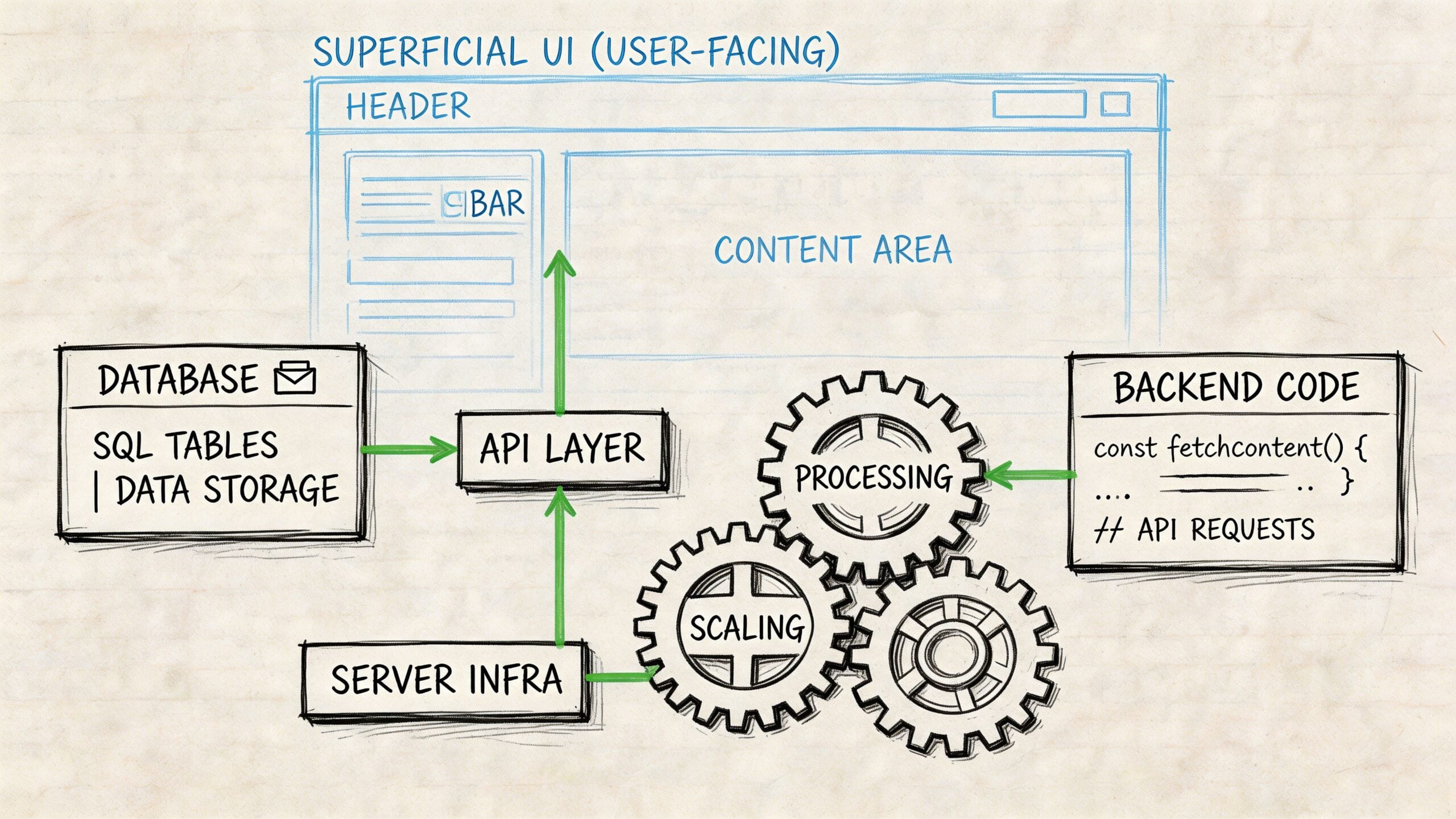 A hand-drawn diagram illustrating the architecture of a website, featuring UI, backend, database, and server infrastructure.