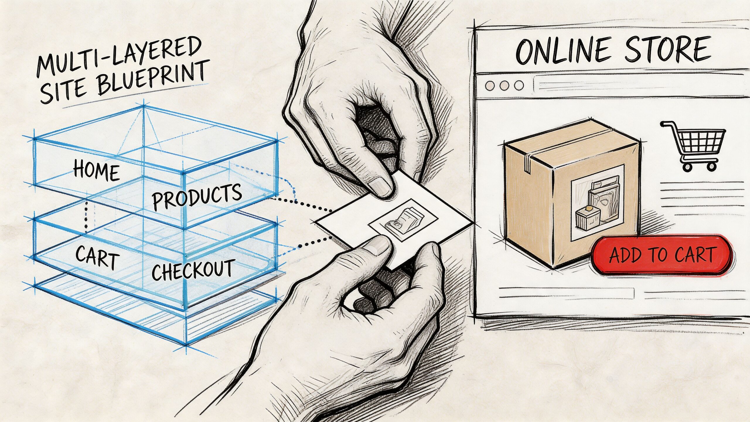 A hand-drawn illustration depicting a multi-layered website architecture blueprint connecting to an online shopping store interface.