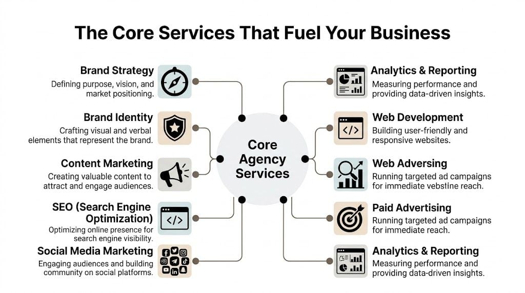 A diagram outlining core agency services including branding, content marketing, SEO, web development, and digital advertising strategies.