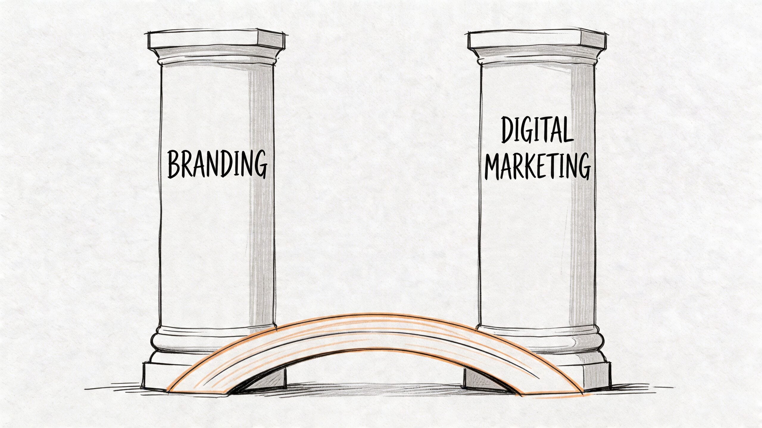 A conceptual sketch illustration showing two classical pillars labeled Branding and Digital Marketing connected by a bridge.