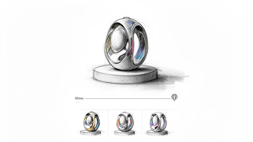Detailed sketch of a futuristic, spherical object with colorful reflections on a pedestal, surrounded by smaller design variations.