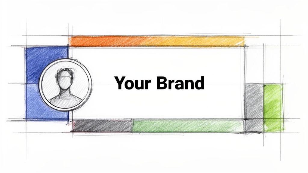 Hand-drawn sketch of a social media profile banner featuring a person icon, 'Your Brand' text, and colourful design blocks.