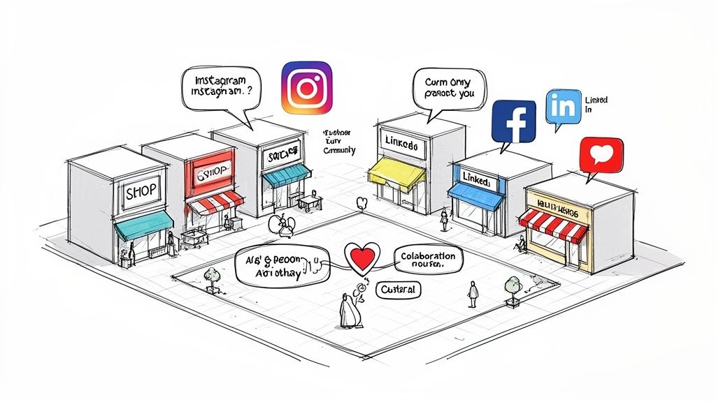 Isometric illustration of shops with social media logos like Instagram, Facebook, and LinkedIn, symbolizing digital business community.