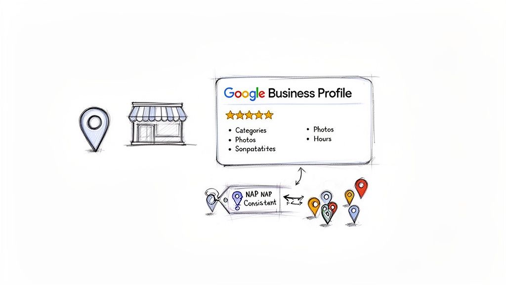 Diagram showing Google Business Profile elements (ratings, categories, hours) linked to consistent NAP data across various online map locations.