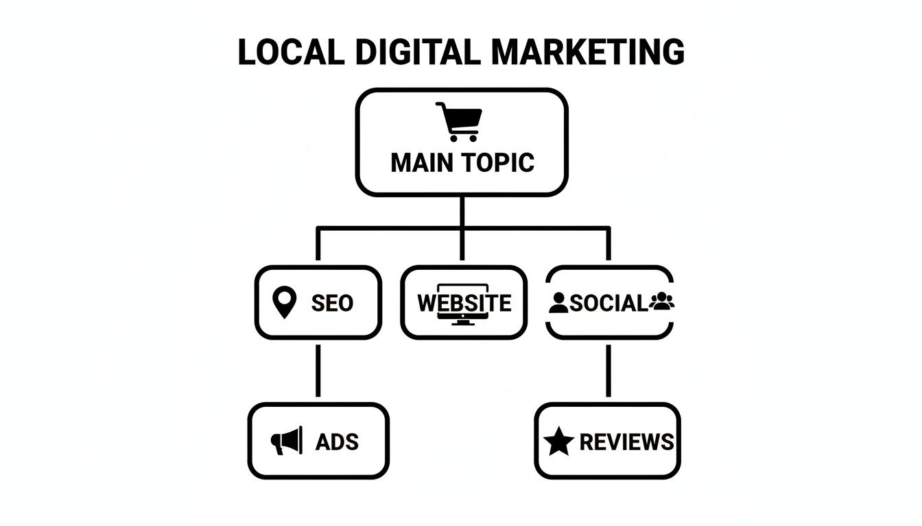 Flowchart detailing local digital marketing strategies, including SEO, website, social media, ads, and customer reviews.