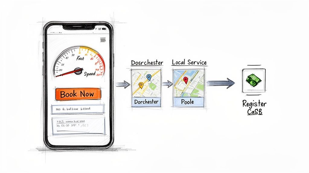 A mobile app interface displaying a speed gauge, 'Book Now' button, and a service workflow ending with cash registration.