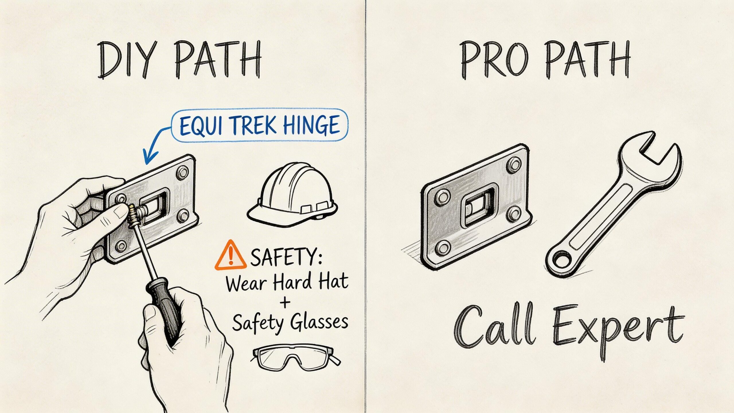 A diagram comparing the DIY path and pro path for installing an Equi Trek hinge component.