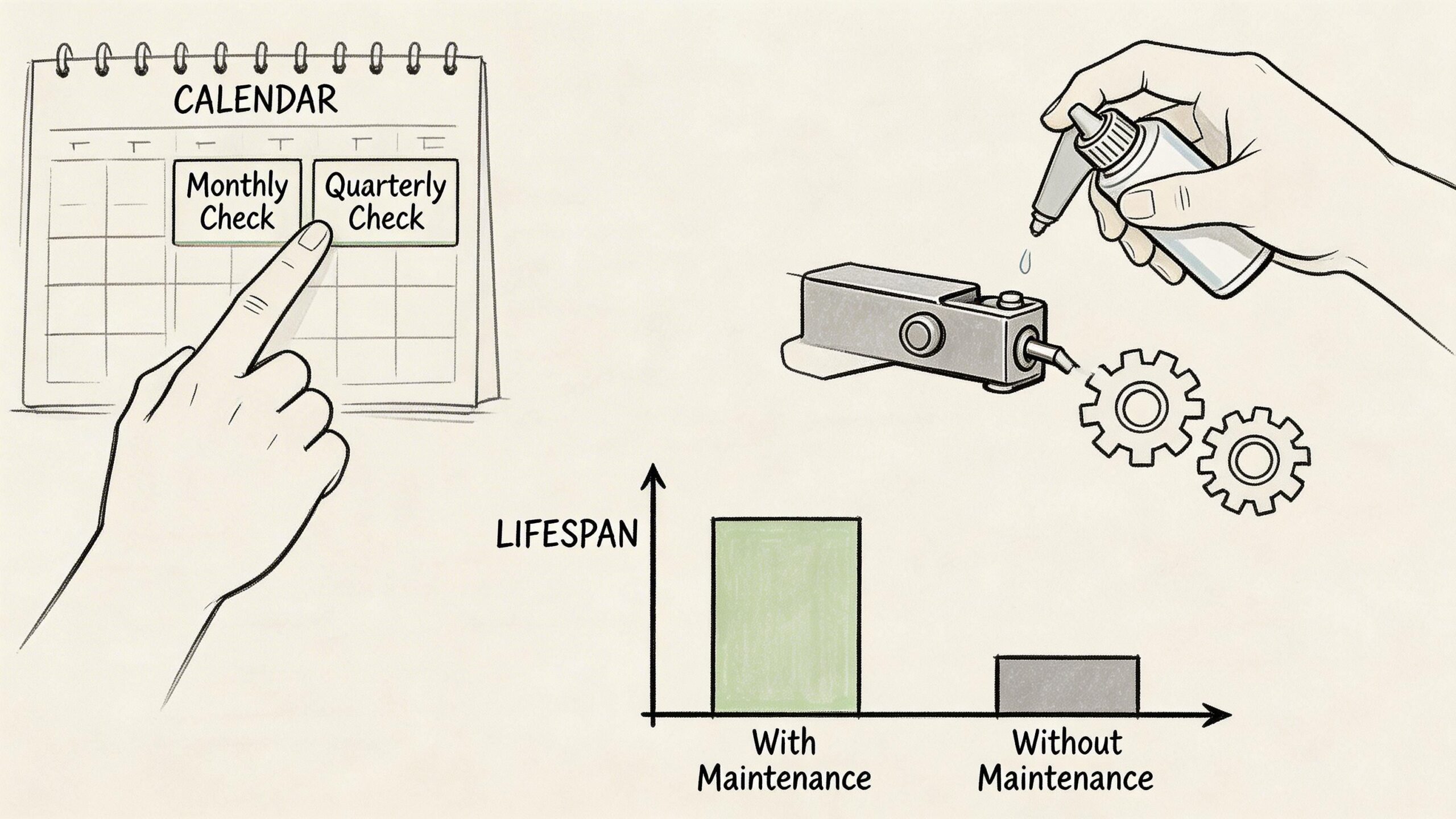 A diagram illustrating the importance of regular maintenance for equipment longevity through scheduling and lubrication.