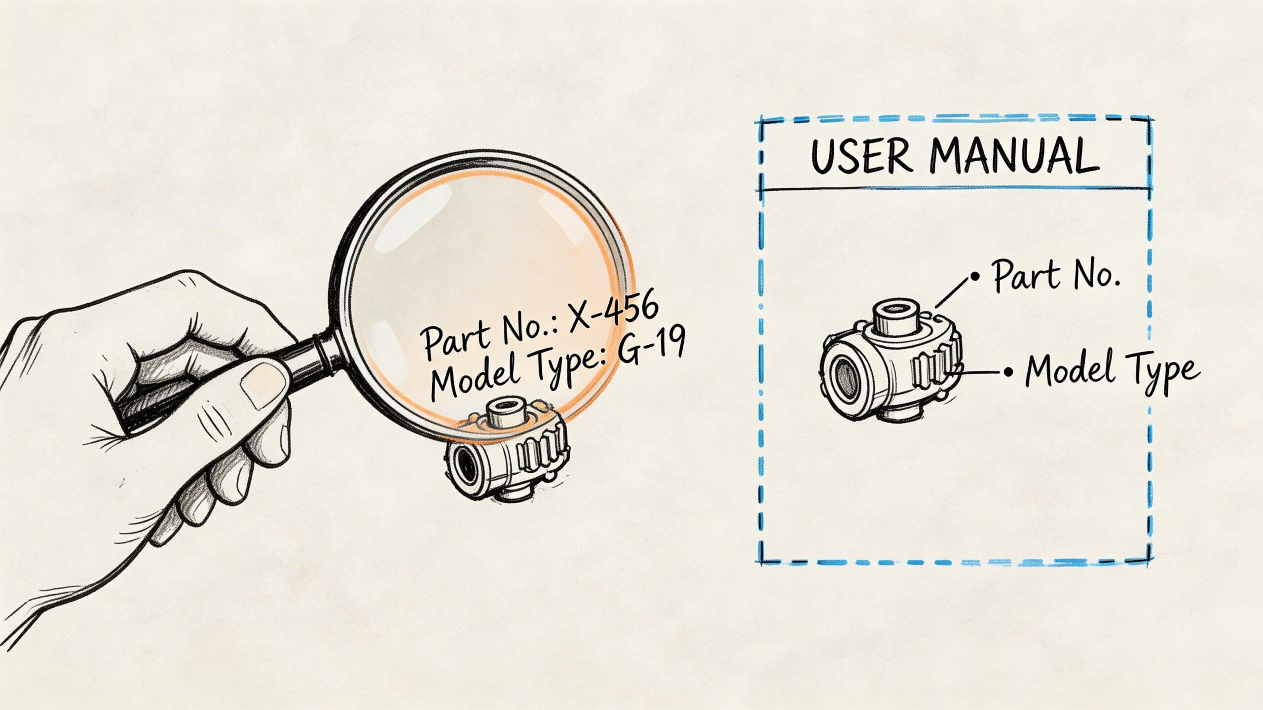 A hand holds a magnifying glass over a mechanical part showing identifying labels in a manual.