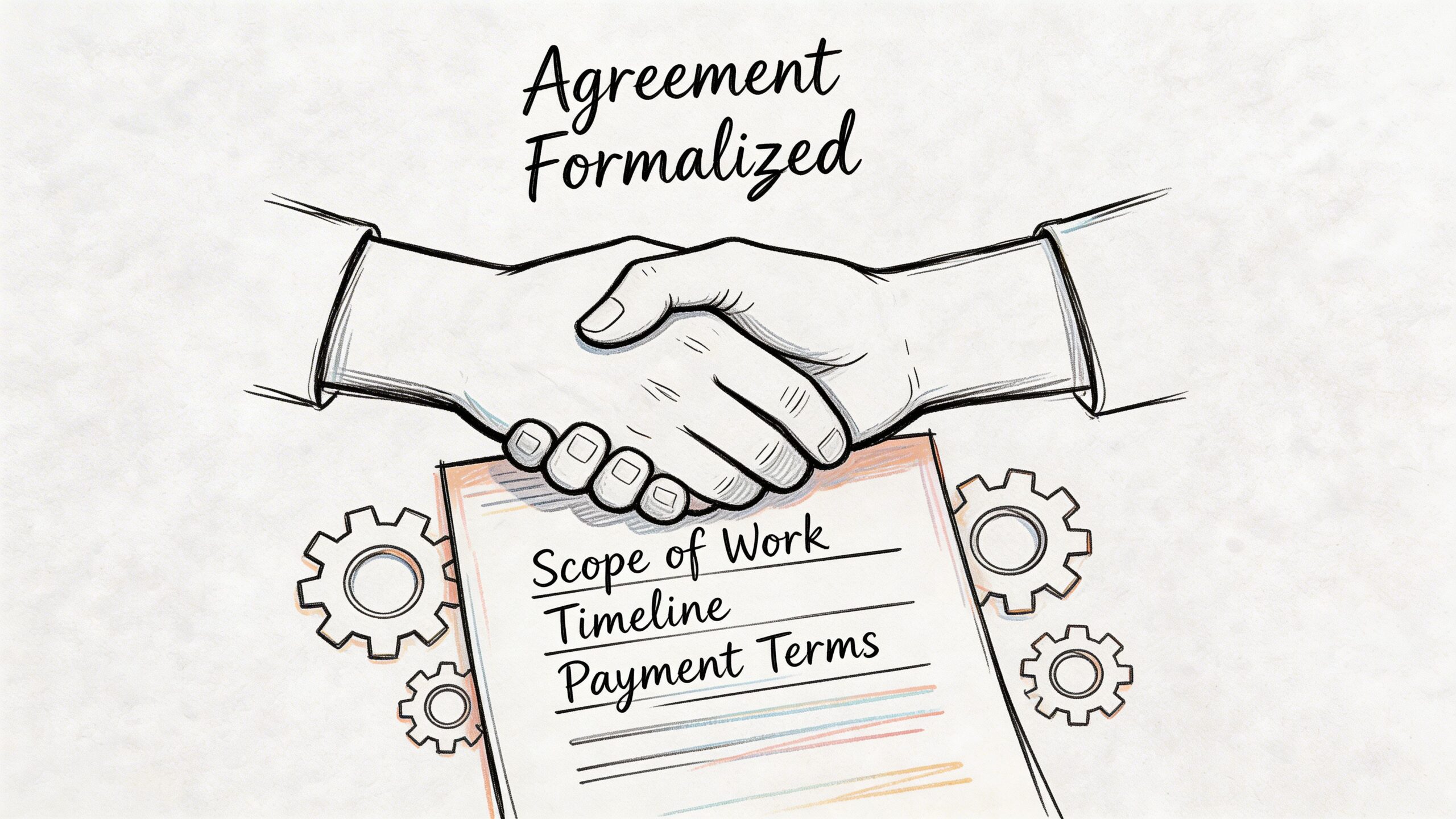 A hand-drawn illustration showing two hands shaking over a document titled Agreement Formalized with gears.