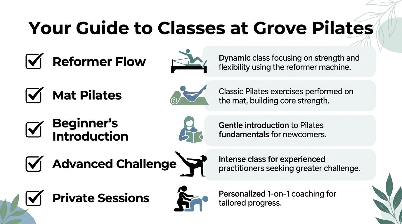 An infographic titled Your Guide to Classes at Grove Pilates, listing five different Pilates class options available.