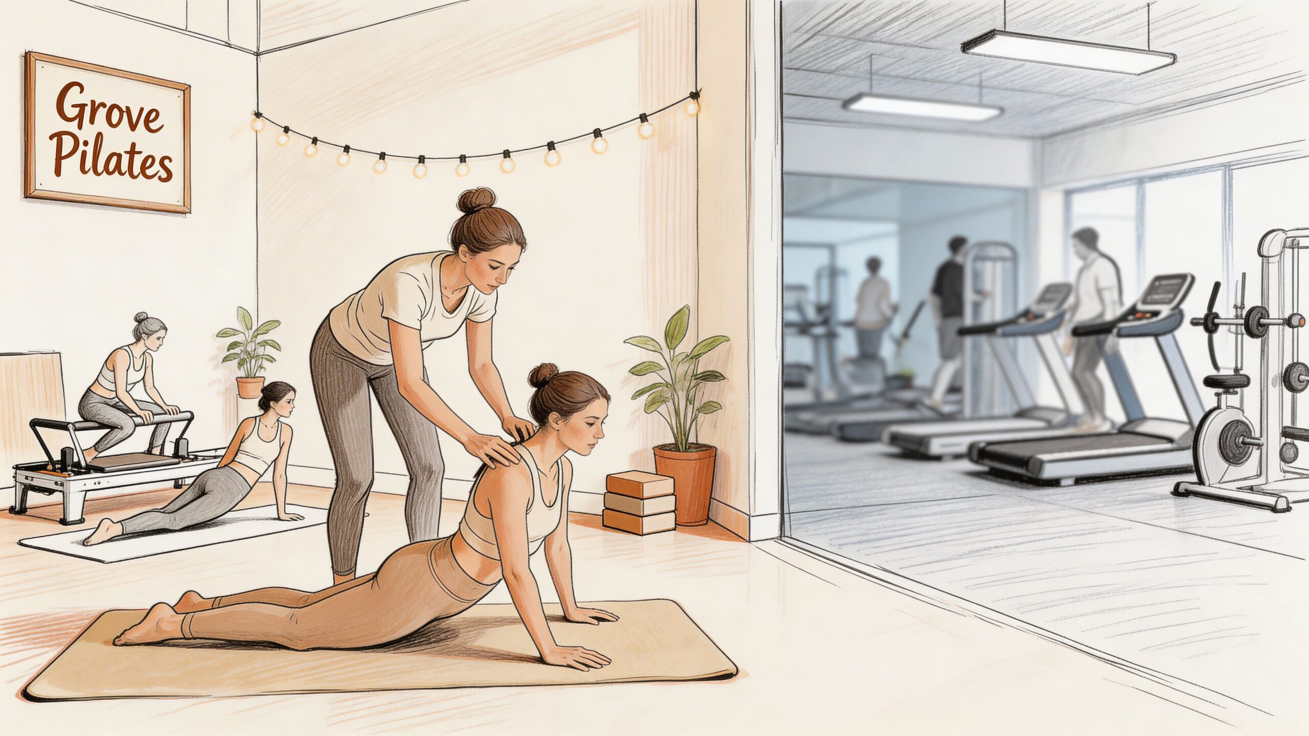 A professional instructor guiding a client in a pilates stretching pose at a modern wellness studio.