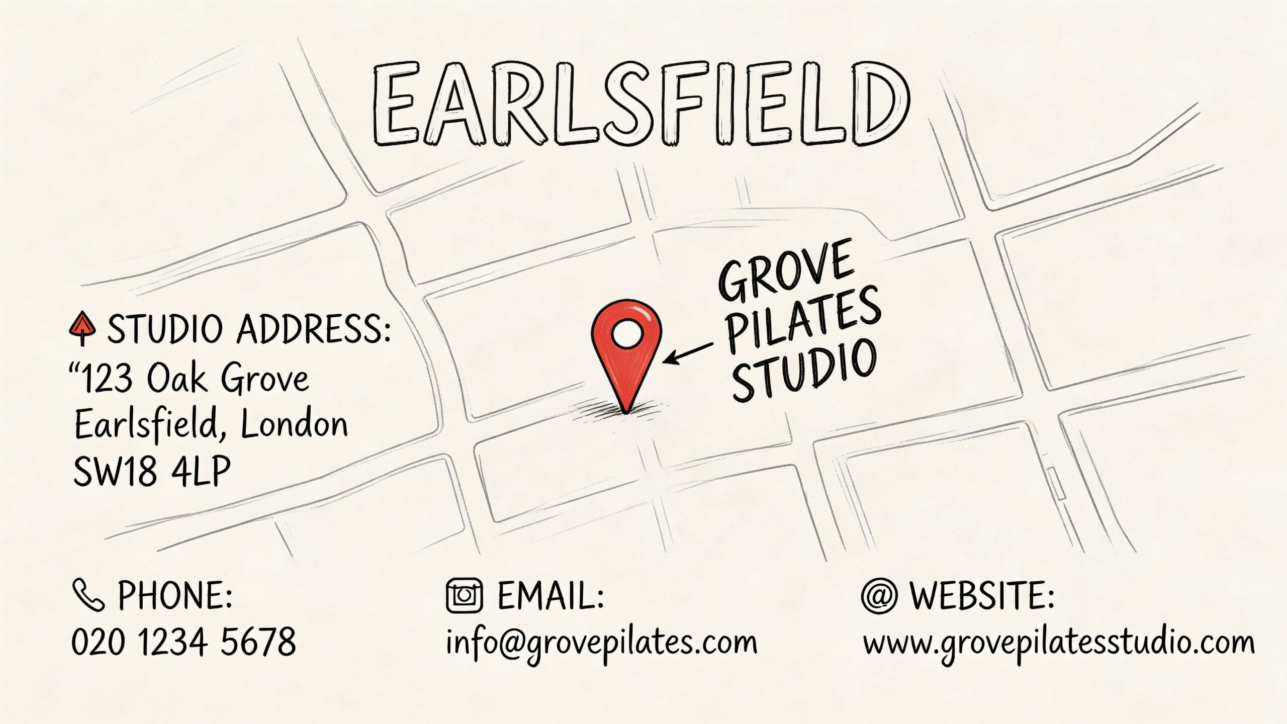 A hand-drawn map graphic for Grove Pilates Studio in Earlsfield showing the address, phone, email, and website.