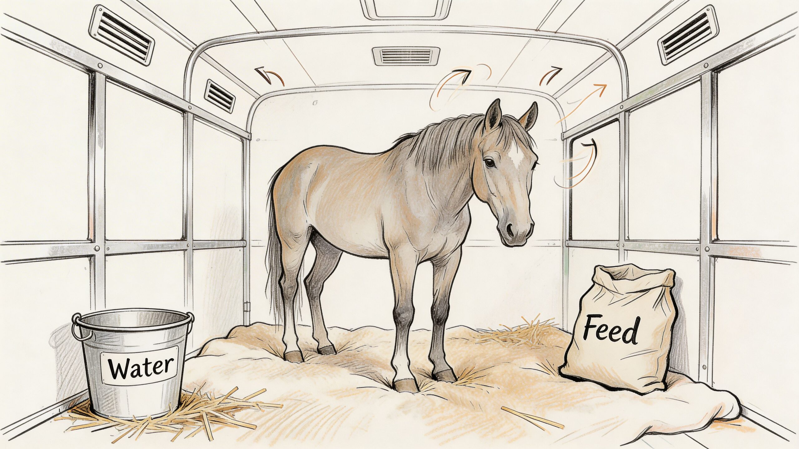 A horse stands inside a trailer with a water bucket and a sack of feed on bedding.