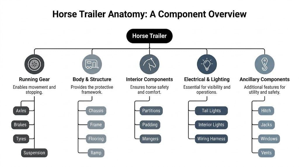 A diagram illustrating the anatomy of a horse trailer, showing categorized components for construction and maintenance.