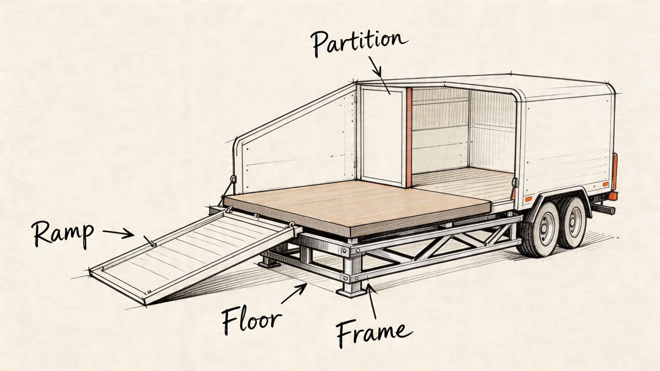 A detailed technical sketch showing the structural components of a horse trailer, including the ramp, partition, and frame.
