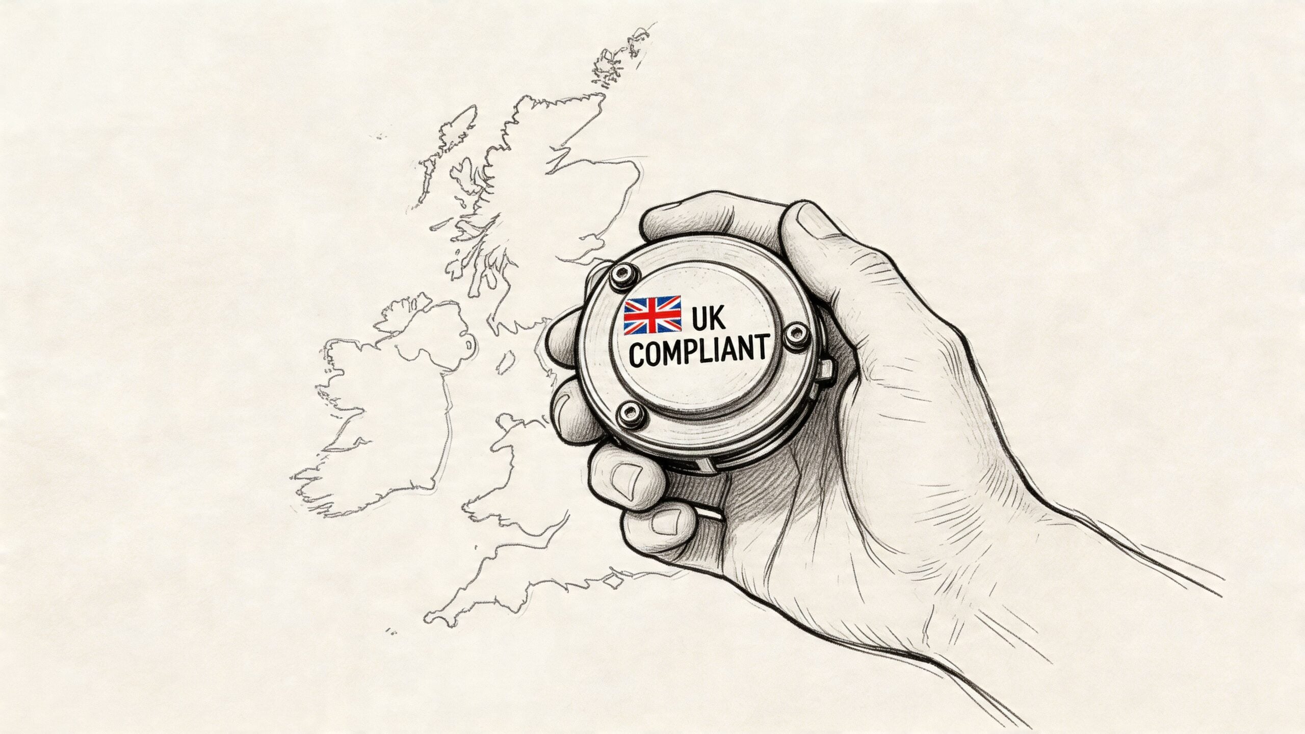 A hand holding a metallic circular gauge overlayed on a hand-drawn map of the United Kingdom.
