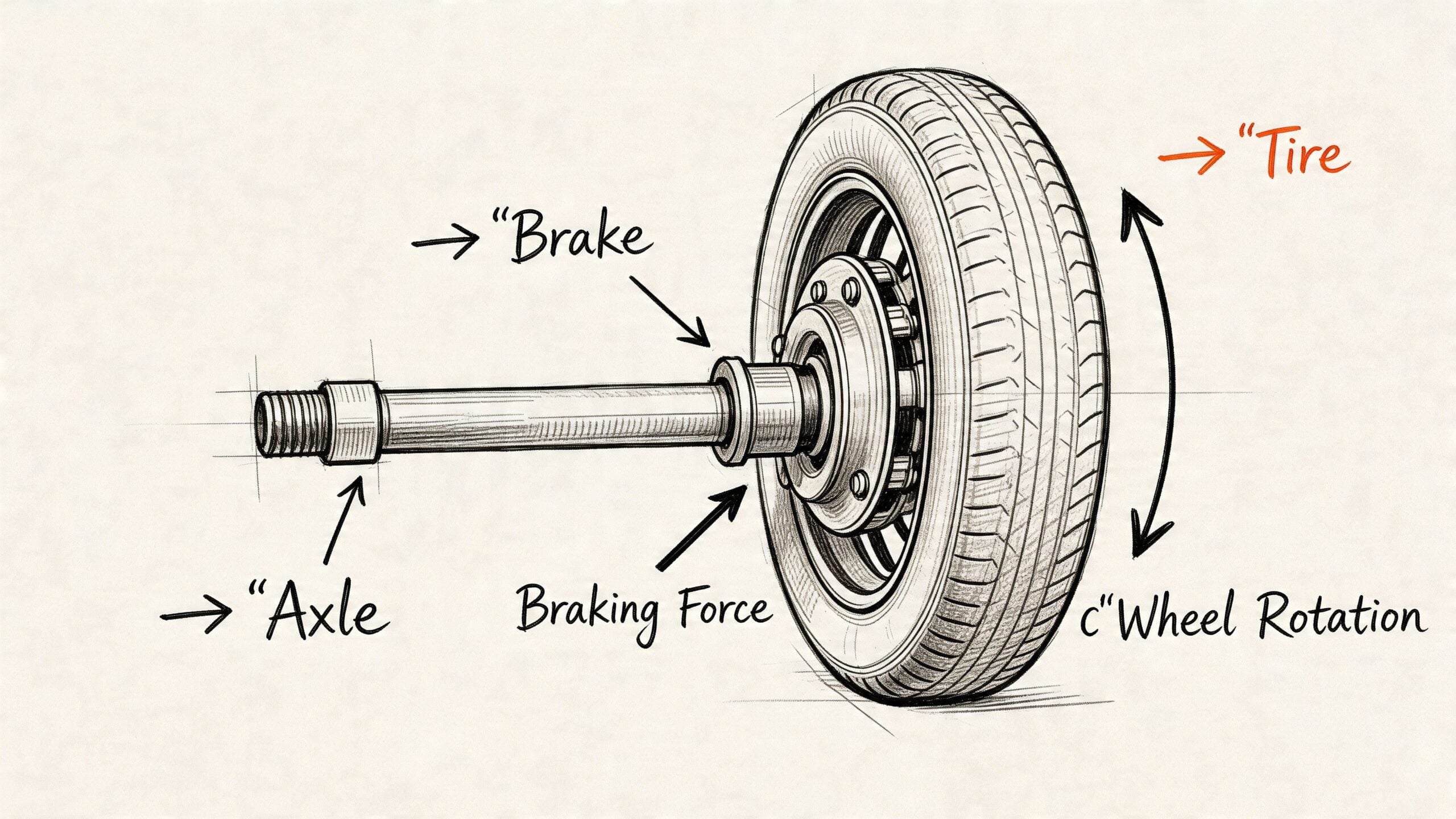 A detailed technical sketch showing a wheel, axle, and brake assembly for a trailer vehicle.