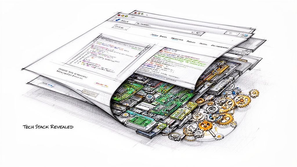 A conceptual illustration showing code layers peeling away to reveal intricate computer hardware and gears underneath.